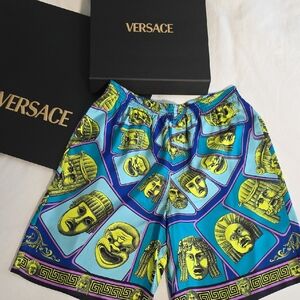 Versace Silk Mask Shorts, Blue & Yellow, 48, M